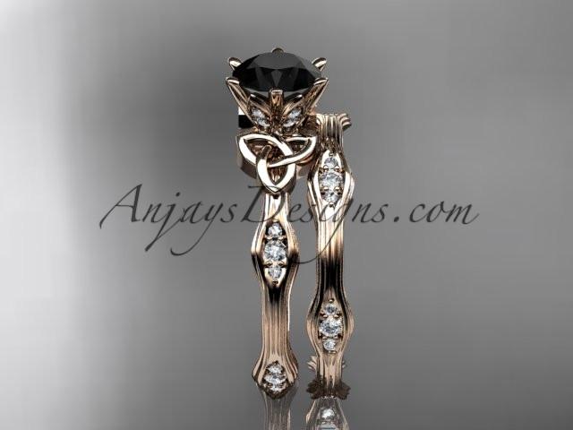 14kt rose gold diamond celtic trinity knot wedding ring, engagement set with a Black Diamond center stone CT7132S - AnjaysDesigns
