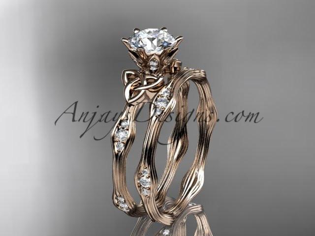 14kt rose gold diamond celtic trinity knot wedding ring, engagement set with a "Forever One" Moissanite center stone CT7132S - AnjaysDesigns