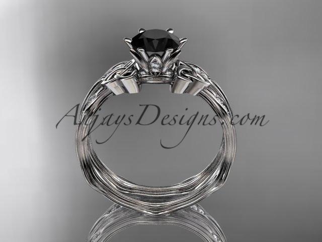 platinum diamond celtic trinity knot wedding ring, engagement set with a Black Diamond center stone CT7132S - AnjaysDesigns