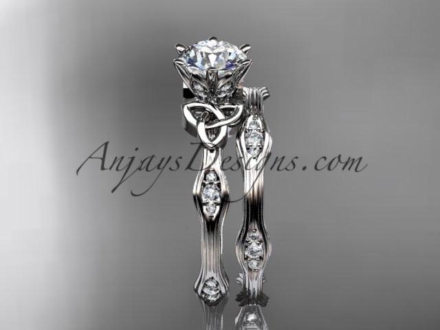 platinum diamond celtic trinity knot wedding ring, engagement set with a "Forever One" Moissanite center stone CT7132S - AnjaysDesigns