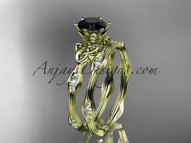 14kt yellow gold diamond celtic trinity knot wedding ring, engagement set with a Black Diamond center stone CT7132S - AnjaysDesigns