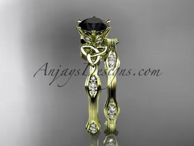 14kt yellow gold diamond celtic trinity knot wedding ring, engagement set with a Black Diamond center stone CT7132S - AnjaysDesigns