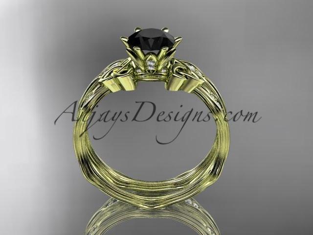 14kt yellow gold diamond celtic trinity knot wedding ring, engagement set with a Black Diamond center stone CT7132S - AnjaysDesigns