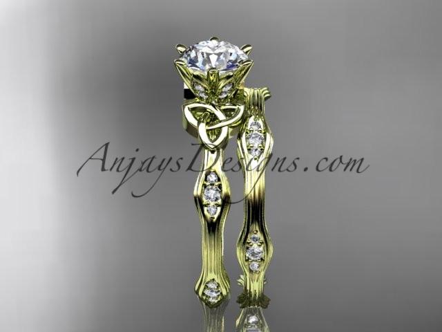 14kt yellow gold diamond celtic trinity knot wedding ring, engagement set with a "Forever One" Moissanite center stone CT7132S - AnjaysDesigns