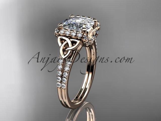 14kt rose gold diamond celtic trinity knot wedding ring, engagement ring with Cushion Cut Moissanite CT7148 - AnjaysDesigns