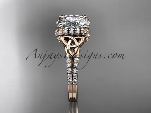 14kt rose gold diamond celtic trinity knot wedding ring, engagement ring with Cushion Cut Moissanite CT7148 - AnjaysDesigns