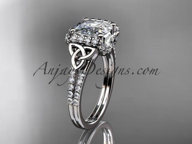 14kt white gold diamond celtic trinity knot wedding ring, engagement ring with Cushion Cut Moissanite CT7148 - AnjaysDesigns