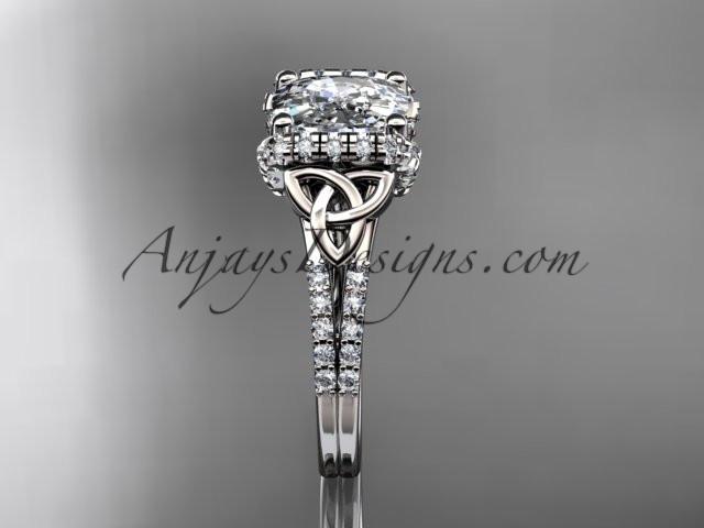 14kt white gold diamond celtic trinity knot wedding ring, engagement ring with Cushion Cut Moissanite CT7148 - AnjaysDesigns