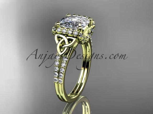 14kt yellow gold diamond celtic trinity knot wedding ring, engagement ring with Cushion Cut Moissanite CT7148 - AnjaysDesigns