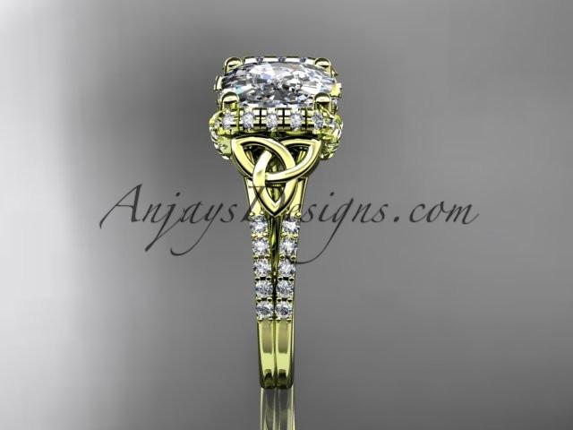 14kt yellow gold diamond celtic trinity knot wedding ring, engagement ring with Cushion Cut Moissanite CT7148 - AnjaysDesigns