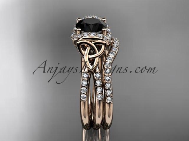 14kt rose gold diamond celtic trinity knot wedding ring, engagement set with a Black Diamond center stone CT7155S - AnjaysDesigns