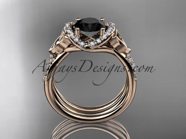 14kt rose gold diamond celtic trinity knot wedding ring, engagement set with a Black Diamond center stone CT7155S - AnjaysDesigns