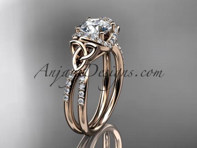 14kt rose gold diamond celtic trinity knot wedding ring, engagement ring with a "Forever One" Moissanite center stone CT7155 - AnjaysDesigns