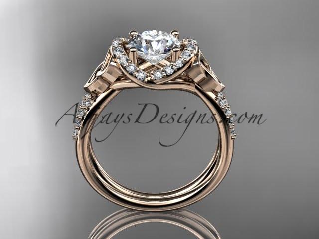 14kt rose gold diamond celtic trinity knot wedding ring, engagement ring with a "Forever One" Moissanite center stone CT7155 - AnjaysDesigns