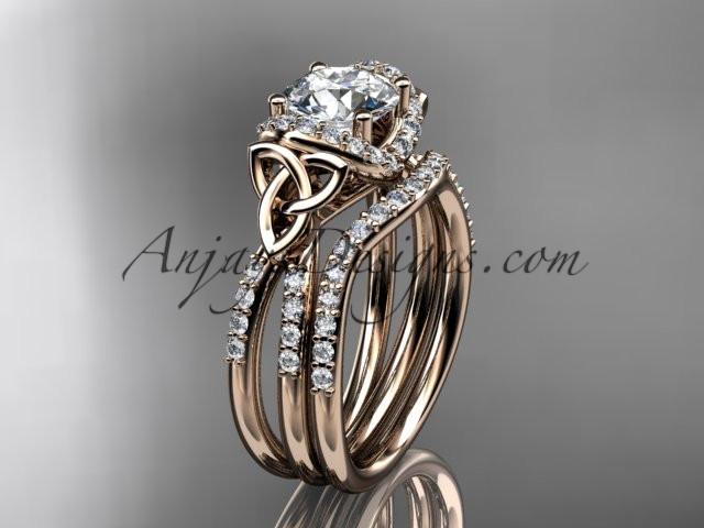 14kt rose gold diamond celtic trinity knot wedding ring, engagement set CT7155S - AnjaysDesigns