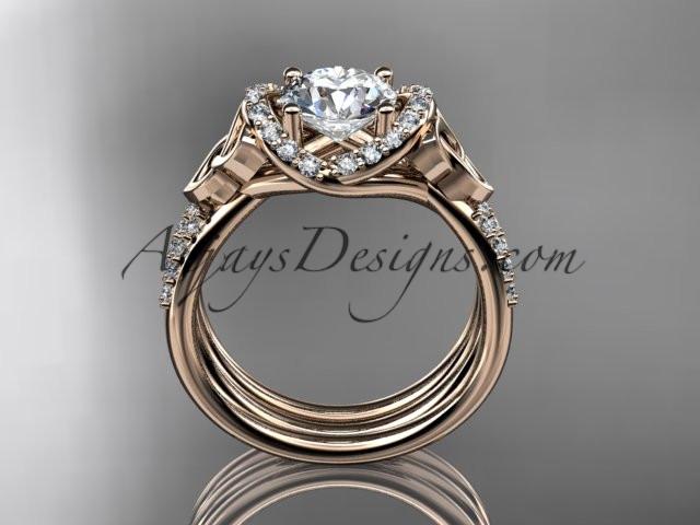 14kt rose gold diamond celtic trinity knot wedding ring, engagement set with a "Forever One" Moissanite center stone CT7155S - AnjaysDesigns