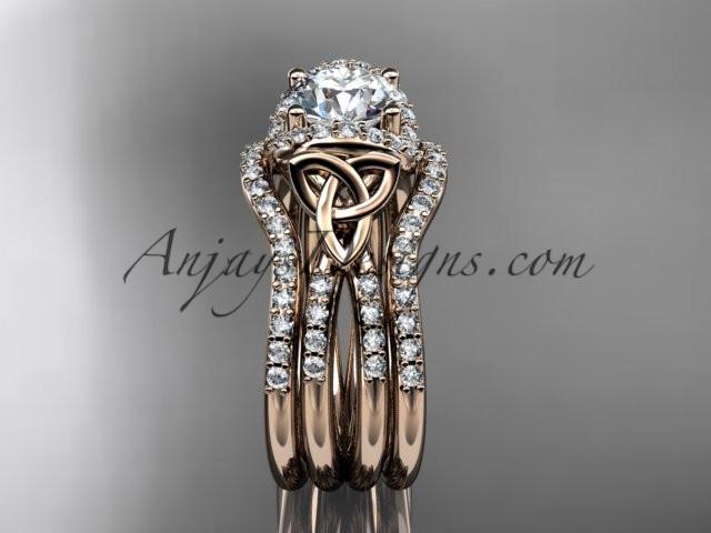 14kt rose gold diamond celtic trinity knot wedding ring, engagement ring with a "Forever One" Moissanite center stone and double matching band CT7155S - AnjaysDesigns