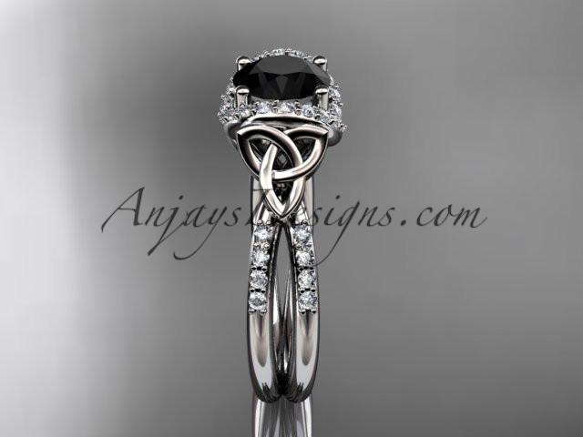 14kt white gold diamond celtic trinity knot wedding ring, engagement ring with a Black Diamond center stone CT7155 - AnjaysDesigns