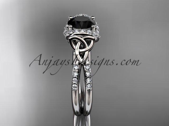 platinum diamond celtic trinity knot wedding ring, engagement ring with a Black Diamond center stone CT7155 - AnjaysDesigns