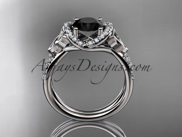 platinum diamond celtic trinity knot wedding ring, engagement ring with a Black Diamond center stone CT7155 - AnjaysDesigns