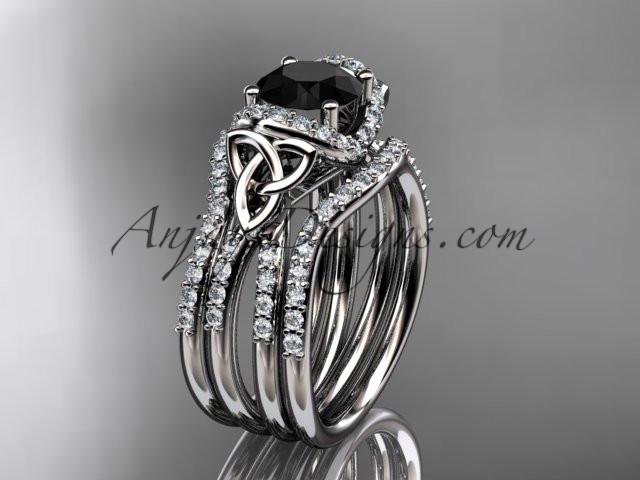 platinum diamond celtic trinity knot wedding ring, engagement ring with a Black Diamond center stone and double matching band CT7155S - AnjaysDesigns