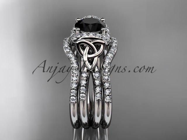 platinum diamond celtic trinity knot wedding ring, engagement ring with a Black Diamond center stone and double matching band CT7155S - AnjaysDesigns
