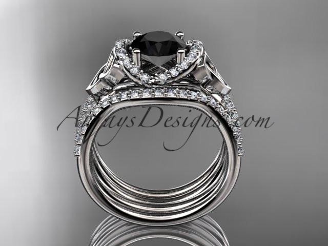 platinum diamond celtic trinity knot wedding ring, engagement ring with a Black Diamond center stone and double matching band CT7155S - AnjaysDesigns