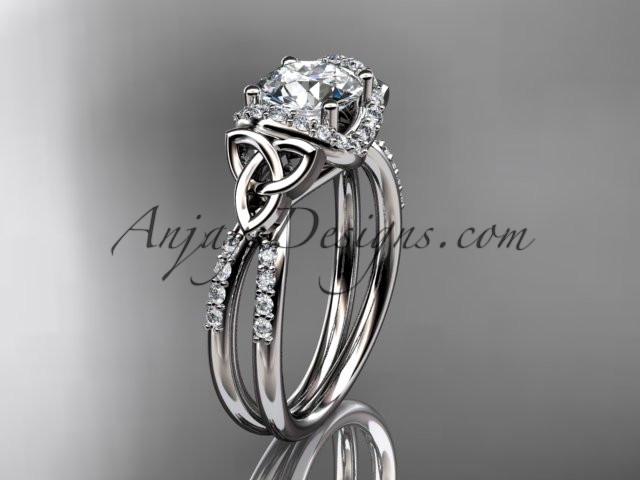 14kt white gold diamond celtic trinity knot wedding ring, engagement ring with a "Forever One" Moissanite center stone CT7155 - AnjaysDesigns