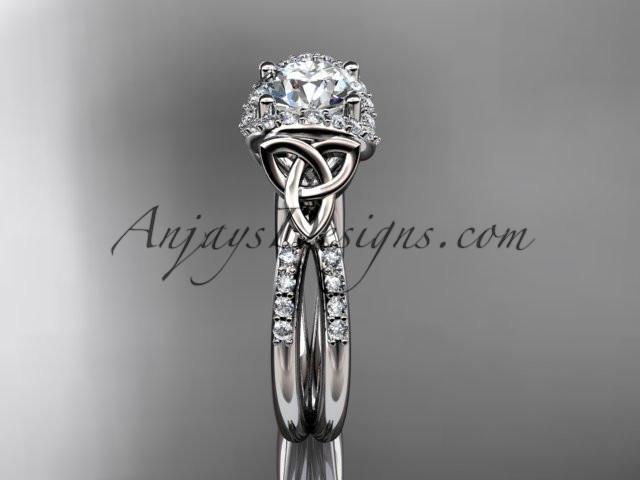 platinum diamond celtic trinity knot wedding ring, engagement ring with a "Forever One" Moissanite center stone CT7155 - AnjaysDesigns