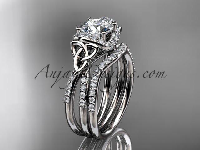 platinum diamond celtic trinity knot wedding ring, engagement set with a "Forever One" Moissanite center stone CT7155S - AnjaysDesigns