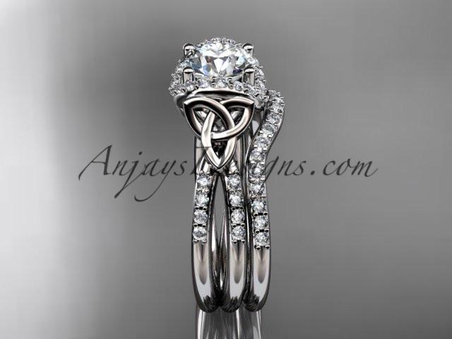 platinum diamond celtic trinity knot wedding ring, engagement set with a "Forever One" Moissanite center stone CT7155S - AnjaysDesigns