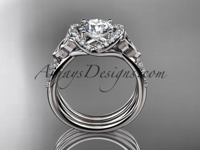 platinum diamond celtic trinity knot wedding ring, engagement set with a "Forever One" Moissanite center stone CT7155S - AnjaysDesigns