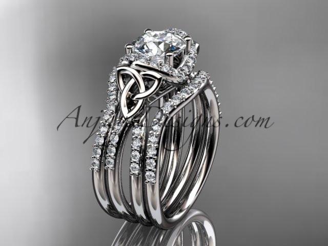 platinum diamond celtic trinity knot wedding ring, engagement ring with a "Forever One" Moissanite center stone and double matching band CT7155S - AnjaysDesigns