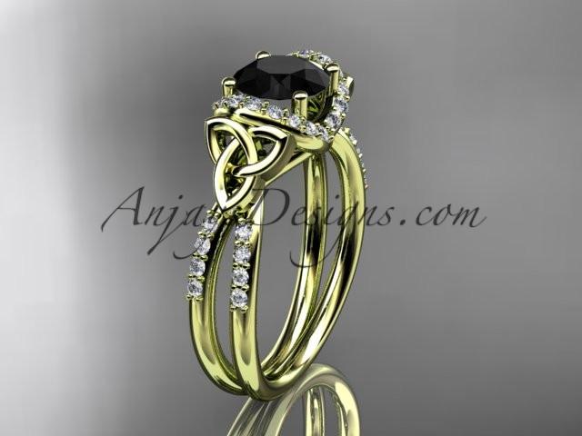 14kt yellow gold diamond celtic trinity knot wedding ring, engagement ring with a Black Diamond center stone CT7155 - AnjaysDesigns