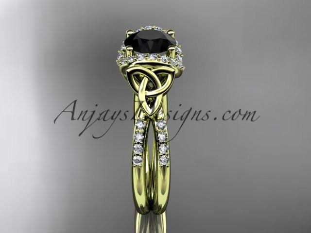 14kt yellow gold diamond celtic trinity knot wedding ring, engagement ring with a Black Diamond center stone CT7155 - AnjaysDesigns