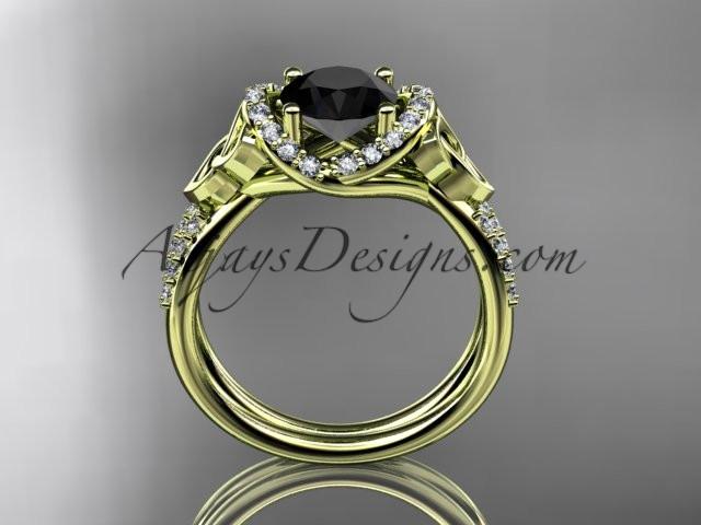 14kt yellow gold diamond celtic trinity knot wedding ring, engagement ring with a Black Diamond center stone CT7155 - AnjaysDesigns