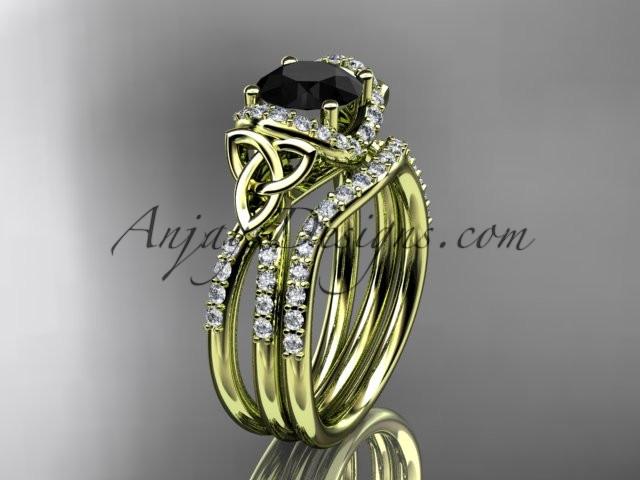14kt yellow gold diamond celtic trinity knot wedding ring, engagement set with a Black Diamond center stone CT7155S - AnjaysDesigns