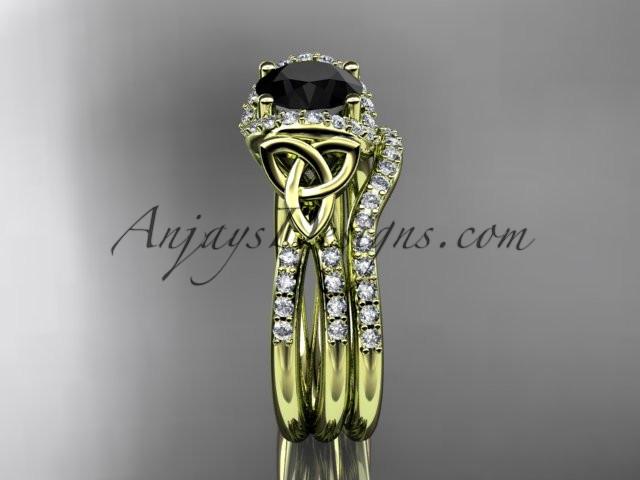 14kt yellow gold diamond celtic trinity knot wedding ring, engagement set with a Black Diamond center stone CT7155S - AnjaysDesigns