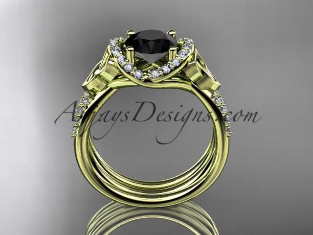14kt yellow gold diamond celtic trinity knot wedding ring, engagement set with a Black Diamond center stone CT7155S - AnjaysDesigns