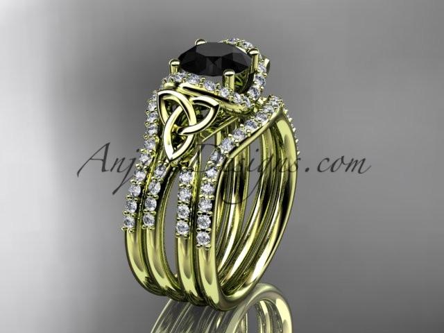 14kt yellow gold diamond celtic trinity knot wedding ring, engagement ring with a Black Diamond center stone and double matching band CT7155S - AnjaysDesigns