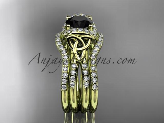 14kt yellow gold diamond celtic trinity knot wedding ring, engagement ring with a Black Diamond center stone and double matching band CT7155S - AnjaysDesigns