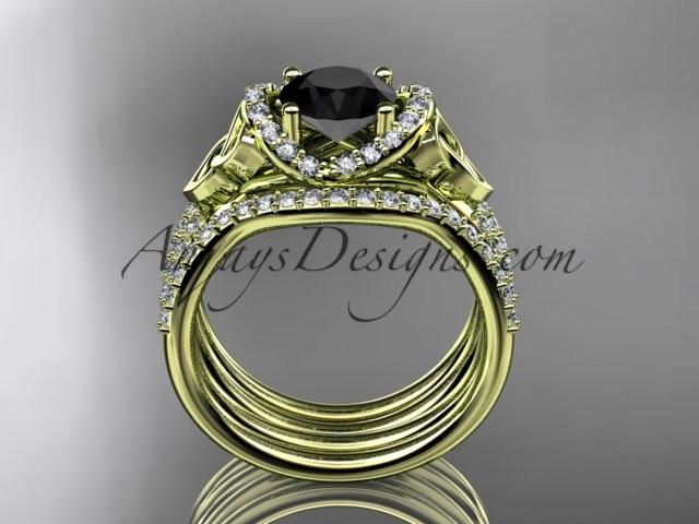 14kt yellow gold diamond celtic trinity knot wedding ring, engagement ring with a Black Diamond center stone and double matching band CT7155S - AnjaysDesigns