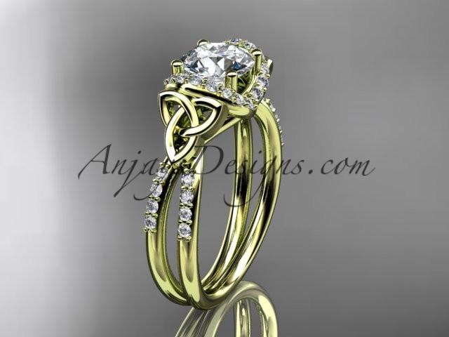 14kt yellow gold diamond celtic trinity knot wedding ring, engagement ring with a "Forever One" Moissanite center stone CT7155 - AnjaysDesigns