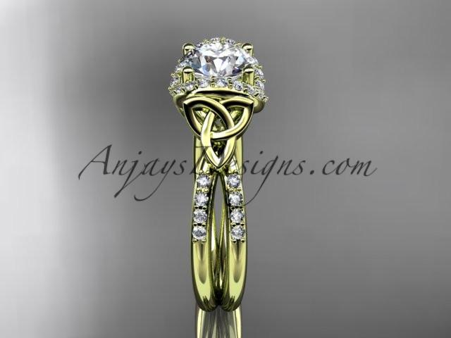 14kt yellow gold diamond celtic trinity knot wedding ring, engagement ring with a "Forever One" Moissanite center stone CT7155 - AnjaysDesigns