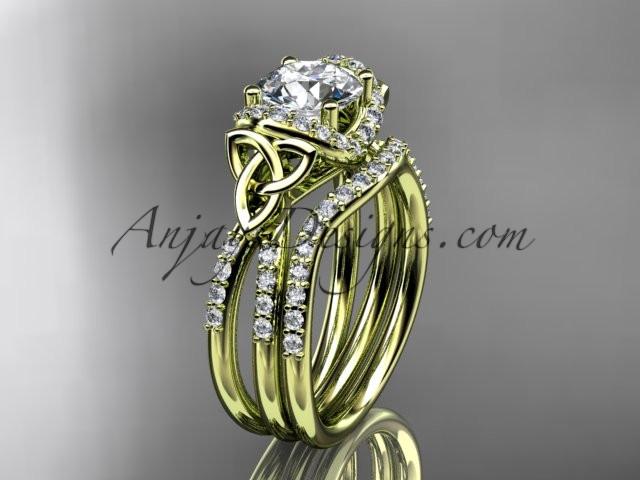 14kt yellow gold diamond celtic trinity knot wedding ring, engagement set with a "Forever One" Moissanite center stone CT7155S - AnjaysDesigns