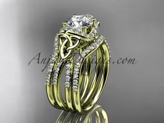 14kt yellow gold diamond celtic trinity knot wedding ring, engagement ring with a double matching band CT7155S - AnjaysDesigns