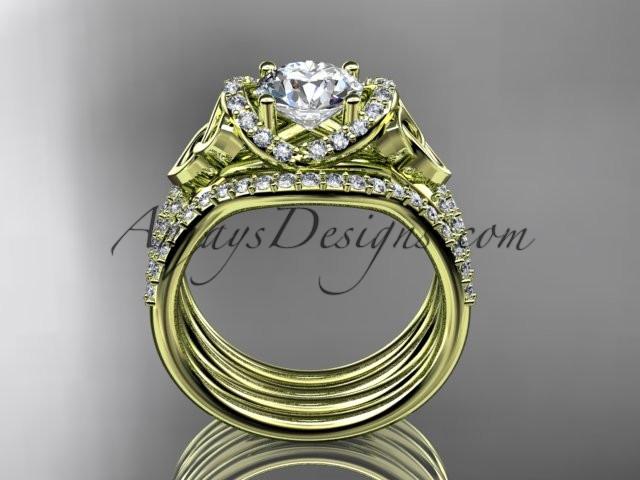14kt yellow gold diamond celtic trinity knot wedding ring, engagement ring with a double matching band CT7155S - AnjaysDesigns