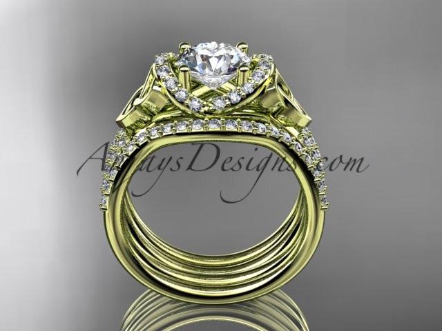14kt yellow gold diamond celtic trinity knot wedding ring, engagement ring with a "Forever One" Moissanite center stone and double matching band CT7155S - AnjaysDesigns