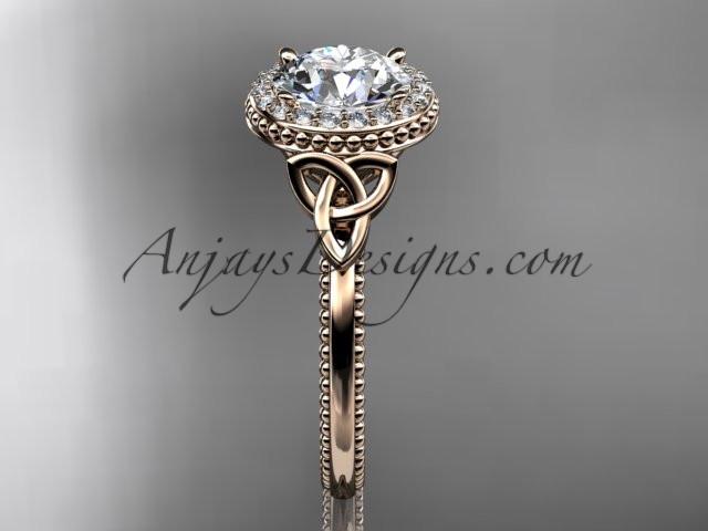 14kt rose gold diamond celtic trinity knot wedding ring, engagement ring with a "Forever One" Moissanite center stone CT7157 - AnjaysDesigns