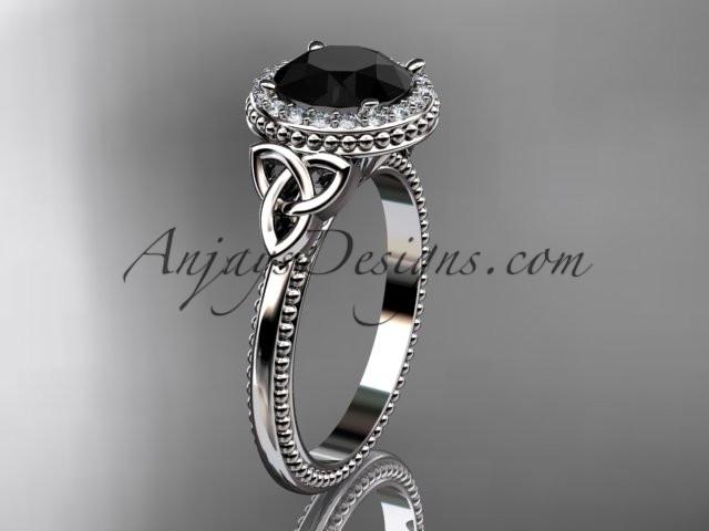 platinum diamond celtic trinity knot wedding ring, engagement ring with a Black Diamond center stone CT7157 - AnjaysDesigns